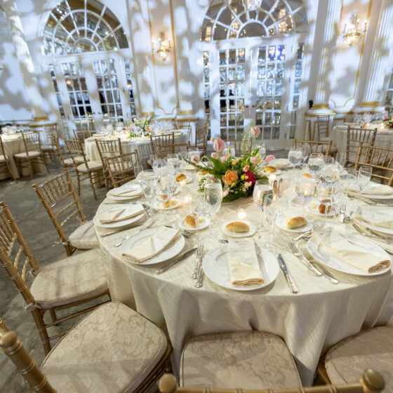 Elegant table setting for wedding reception.